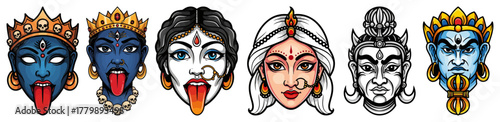 Hindu Deity Faces Icon Set Kali Durga Shiva Parvati Colorful Vector Stickers