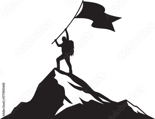 Mountain Peak Victory Silhouette – Minimalist Black & White Vector Icon of Achievement and Outdoor Conquest