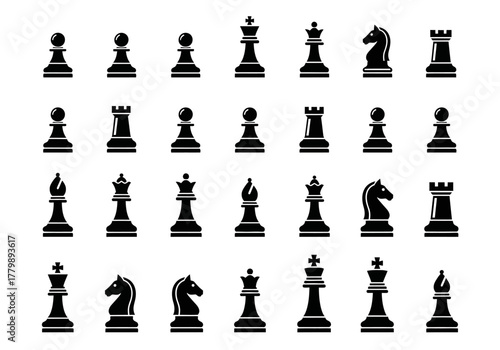 Flat design vector icon set of all black chess pieces. A complete collection for strategic thinking and board games