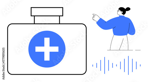 First aid kit with medical cross, sound waves suggesting communication, and a figure pointing purposefully. Ideal for healthcare, telemedicine, technology, guidance, communication, wellness
