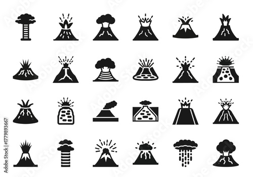 Collection of volcano glyph icons. Simple black vector symbols showing eruptions, mountains, lava flow, and smoke. Natural disaster geology pictograms
