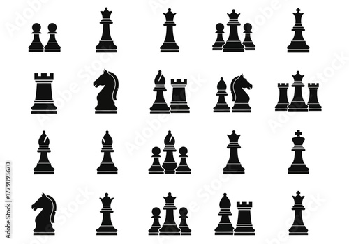 A comprehensive collection of black chess piece silhouettes, representing king, queen, rook, bishop, knight, and pawn icons for strategy games