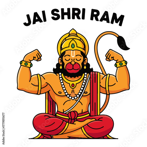 Cartoon Hanuman with "Jai Shri Ram" Hindu Slogan. Flexing Monkey God Vector.