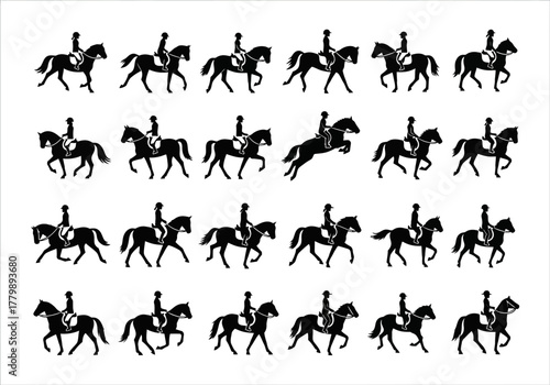 A collection of black silhouettes depicting a horse and rider in various equestrian gaits, showing the sequence of walk, trot, canter, and a jump