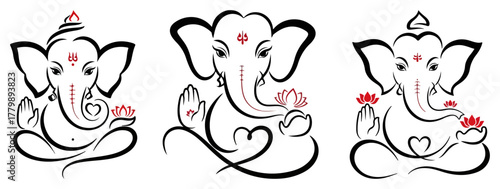 Lord Ganesha Minimal Line Art Icons Set With Lotus Hindu Symbol Vector Illustration