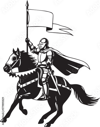 Knight on armored horse with lance and banner – bold medieval silhouette icon on white background