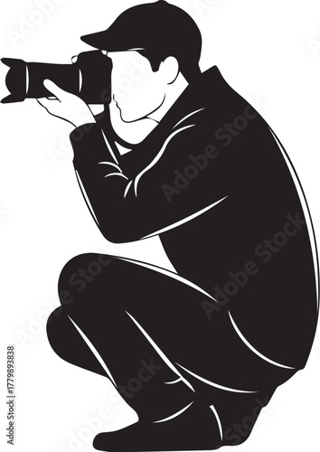 "Photographer in Action Silhouette | Black Vector of Crouching Camera Operator with Cap & DSLR"