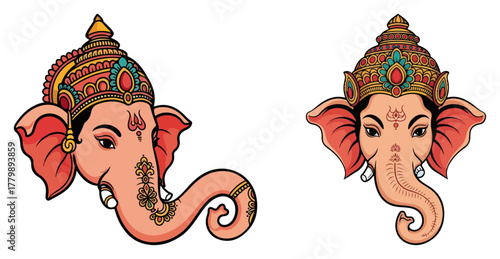 Colorful Lord Ganesha Head Vector Set. Ornate Hindu God Ganapati Illustrations