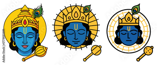 Lord Krishna Face Badge Icons With Peacock Feather And Flute Colorful Vector Set