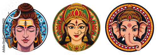 Vector Set of Hindu God Faces Shiva Lakshmi and Ganesha. Colorful Round Icons for Spiritual Design.