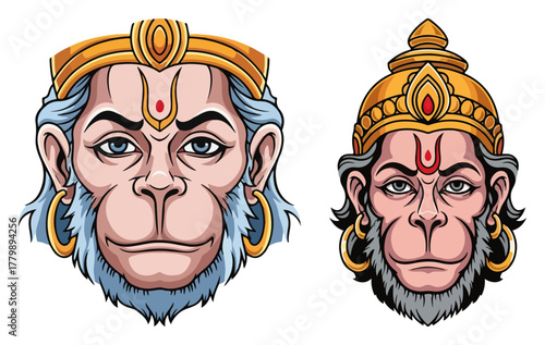 Canvas Print Hanuman Monkey God Face Mascot Set Sacred Bajrangbali Portraits Colorful Vector