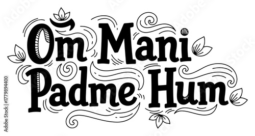 Om Mani Padme Hum Hand Lettering Decorative Buddhist Mantra Vector Illustration