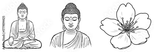 Hand Drawn Buddha and Cherry Blossom Vector Set. Spiritual Line Art for Coloring Book.
