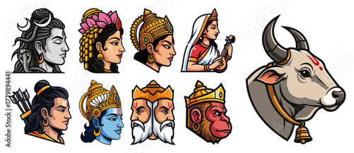 Hindu Deity Profile Faces Icon Set Shiva Parvati Saraswati Rama Vishnu Hanuman Cow Vector