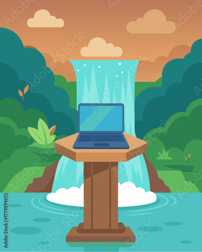 A laptop rests on a wooden pedestal next to a tranquil stream with the sound of falling water providing the perfect ambiance for a productive work session in this hidden waterfall. Vector illustration