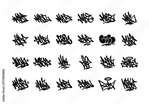 A comprehensive vector set of hand-drawn urban graffiti tags. This collection features various street art lettering styles perfect for creative design projects