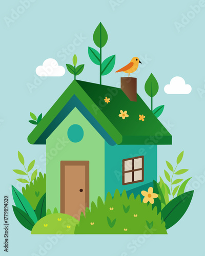 A green roof covered a portion of the house not only providing insulation but also creating a natural habitat for birds and insects.. Vector illustration