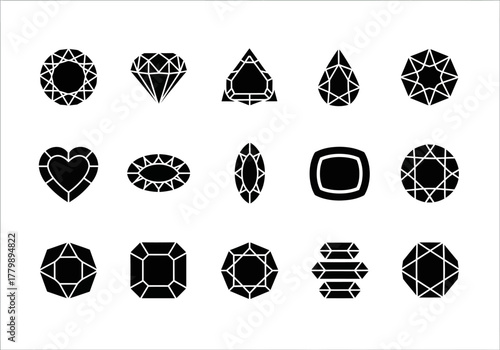 A diverse set of black silhouette icons representing various diamond and gemstone cutting styles, perfect for jewelry and graphic design projects