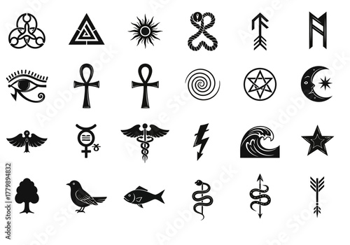 A diverse set of ancient esoteric and spiritual symbols. Vector collection of black icons including mythological, pagan, and occult signs 2j 632