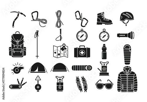 A comprehensive set of black glyph icons showing essential equipment for mountain climbing, hiking, and camping expeditions