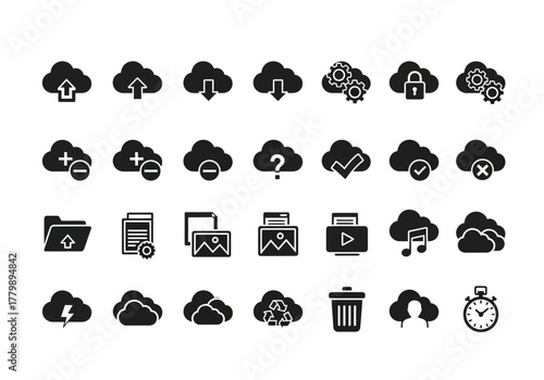 Set of cloud technology and data management solid glyph icons. Web and app interface symbols for storage, security, and synchronization