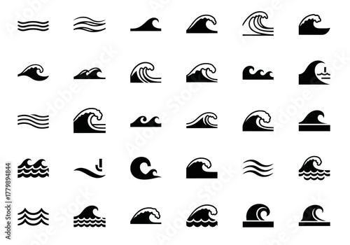 A diverse collection of black silhouette sea wave icons. Vector graphic elements representing ocean currents, surf, and water splashes for design