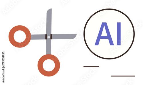 Scissors cutting horizontal lines near AI typography in circle, symbolizing editing, control, and decision-making. Ideal for technology, creation, design, innovation, data management automation