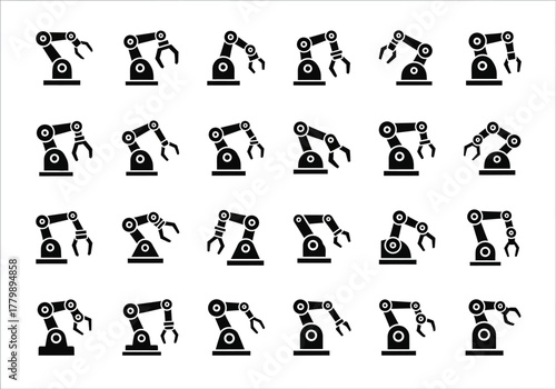 Collection of black industrial robotic arm icons for automation. Vector symbols representing manufacturing technology and assembly line machinery