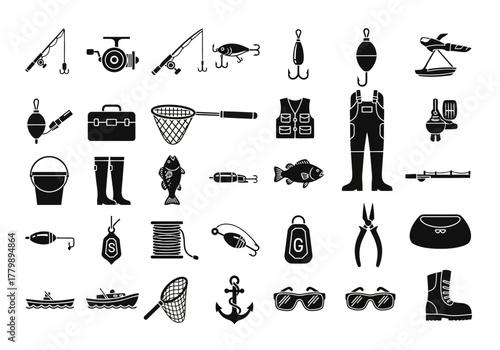 Vector set of monochrome fishing icons. Angling tools, equipment, and accessories for sport and hobby design. Collection reference 2j (646)