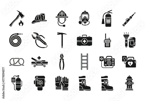 Fire department and emergency response vector icon collection. Glyph set of firefighter tools, safety equipment, and professional rescue gear symbols