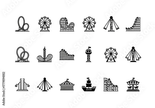 Amusement park ride icon collection, simple line art set with roller coaster and ferris wheel vector illustrations