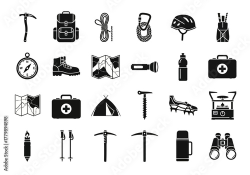 A comprehensive set of mountain climbing and hiking equipment icons. A simple vector glyph collection for outdoor adventure design