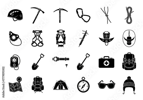 Set of monochrome vector icons representing essential equipment for mountaineering, alpinism, and rock climbing activities