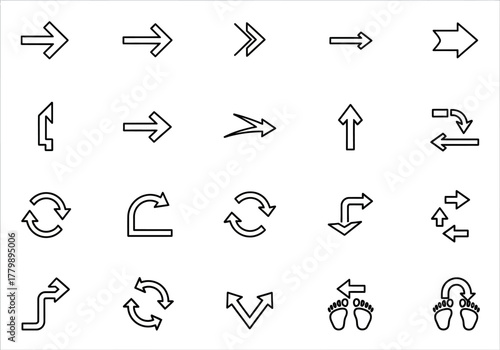 A versatile collection of thin line arrow icons for navigation and user interface design. Includes symbols for direction, refresh, turn, and split