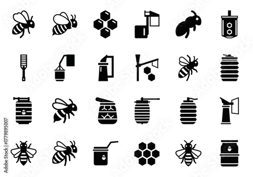 Beekeeping glyph icon set for apiary and honey production, featuring bees, beehives, honeycomb patterns, and farmer tools