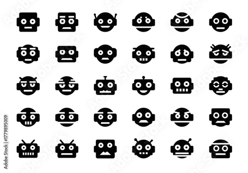 Collection of solid black glyph icons featuring various robot faces, android heads, and cyborg expressions