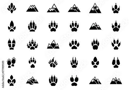 A diverse collection of animal tracks and mountain range silhouettes. Black and white vector icons perfect for nature, wildlife, and outdoor adventure designs