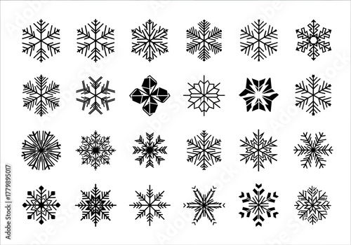 A vector set of twenty-four detailed black snowflake icons. Isolated symmetrical crystal shapes for Christmas and winter holiday decorations
