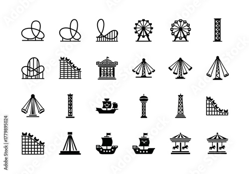 Collection of black glyph icons depicting amusement park rides. Vector set includes roller coasters, ferris wheels, and carnival attractions
