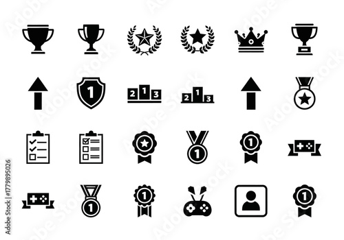 Collection of black glyph icons for victory, awards, and gaming. Set includes symbols for achievement, competition trophies, medals, and ranking