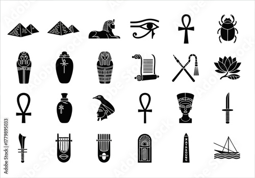 A diverse collection of ancient Egypt icons. Set of monochrome silhouette glyphs representing Egyptian culture, mythology, and history