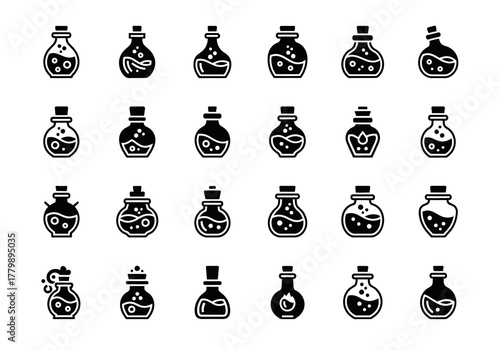 A versatile set of black and white glyph icons depicting magic potion bottles, alchemical flasks, and elixir vials for fantasy games