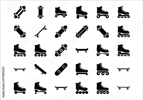 Collection of skateboard and roller skate silhouette icons. Vector set of extreme sports equipment glyphs isolated on a white background 2j (699)
