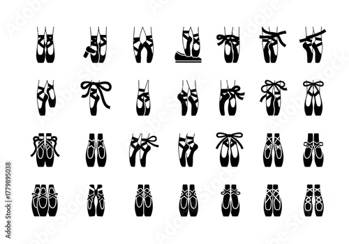 A comprehensive set of black glyph icons depicting ballet pointe shoes from multiple angles and lacing styles. Vector art collection 2j (702)