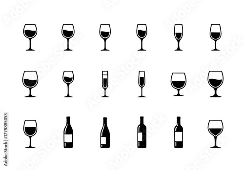 A diverse set of wine glass and bottle icons. Black silhouette vector illustrations of various alcoholic beverage containers