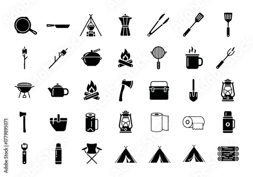A comprehensive set of solid glyph icons for camping, hiking, and outdoor adventures. Vector collection of travel and tourism equipment symbols