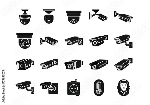 Collection of black glyph icons representing CCTV and video surveillance systems. Set of security camera pictograms for safety and monitoring concepts