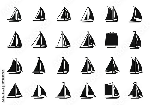 Set of various black sailboat icons and yacht silhouettes. A collection of simple sea transport symbols for graphic design projects 2j (708)