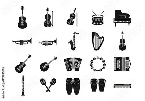 A comprehensive set of monochrome musical instrument icons, featuring string, wind, and percussion instruments for design projects