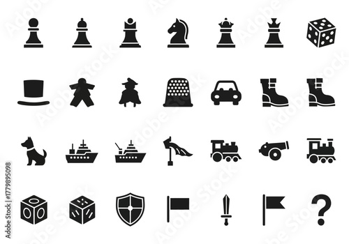 A versatile collection of monochrome glyph icons representing classic board game pieces, chess figures, and other tabletop gaming elements